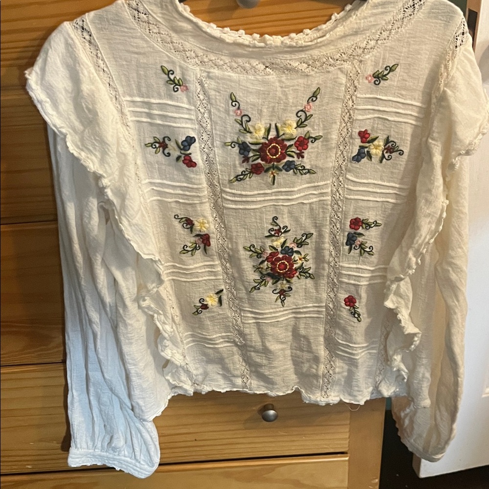 Free People Floral Embroidered Cream Blouse